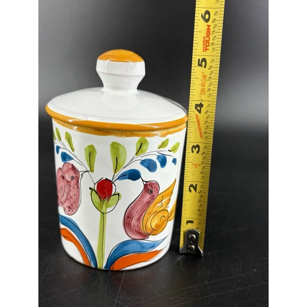 Italian Pottery Hand Painted Lidded Tea Canister Birds Flower Italy Vintage 70's